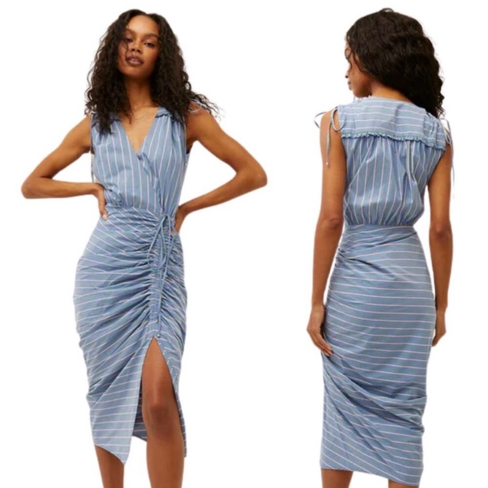 VERONICA BEARD Teagan Ruched Striped Poplin Midi Dress